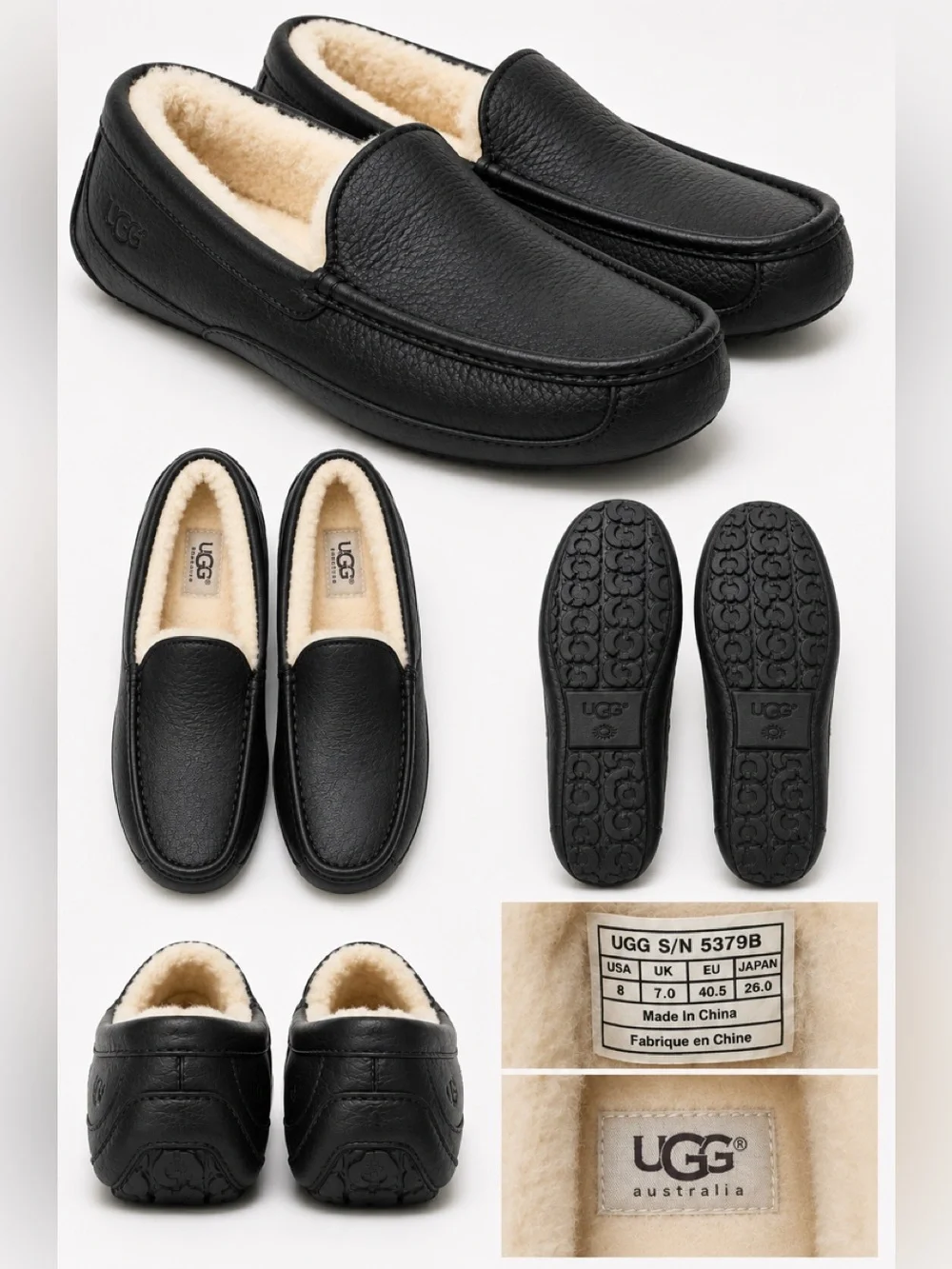 UGG Ascot 5379B Black Leather Shearling Slippers Men’s Size 8